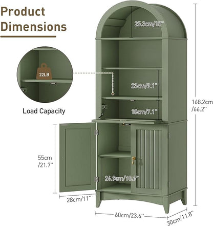 66" Tall Bathroom Storage Cabinet with Flip Drawer, Freestanding Storage Cabinet with Doors & Shelves,Arched Cabinets for Bathroom, Living Room, Kitchen, Laundry, Green