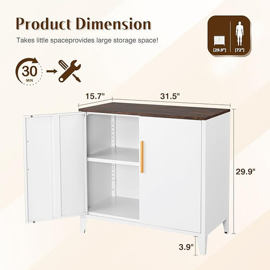 Letaya Storage Cabinet with 2 Doors,Adjustable Shelf, 16" Dx 32" Wx30 H Inches,Metal Sideboard Floor Cabinet for Entryway, Kitchen, White (White)