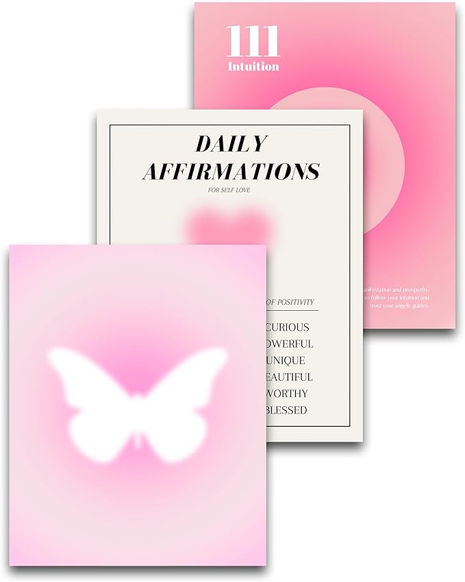 HesenDot Pink Motivational Canvas Wall Art,Unframed Daily Affirmations Prints, 12x16in Aesthetic Butterfly Poster,Unique Wall Decor for Women Girls Bedroom Study Dorm Office Home,3 Pack