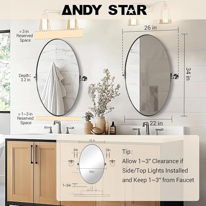 ANDY STAR Oval Bathroom Mirror, 22" x 34" Chrome Stainless Steel Metal Frame Pivoting Mirror for Over Sink with Adjustable Tilting Design, Vanity Mirror for Modern Wall