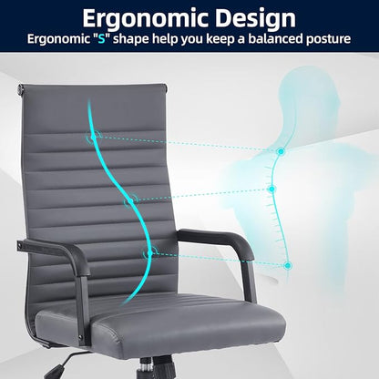 Office Chair, Ergonomic Executive Conference Room Chairs, Ribbed Leather Desk Chair with Lumbar Support, Adjustable Height Mid-Back Swivel Chair with Padded Seat and Square Tube Armrests