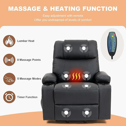 Power Lift Recliner Chair for Elderly, Electric Stand Assist Reclining Chair with Massage and Heat Function, Leather Living Room Furniture, Comfy Single Sofa with Cup Holders, Side Pockets, Black
