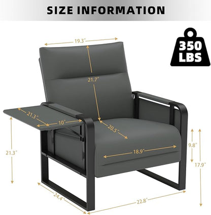 Faux Leather Accent Chair, Upholstered Armchair with Side Tray & Pocket, Comfy Reading Chair for Living Room, Bedroom, Guest Room, Gray
