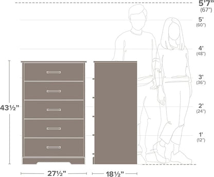 Prepac Rustic Ridge Farmhouse Dresser, Washed White Dresser for Bedroom, Chest of Drawers with 5 Drawers 18.5" D x 27.5" W x 43.5" H, ABDR-1605-1