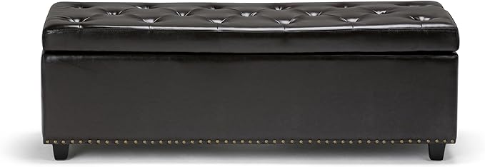 SIMPLIHOME Hamilton 48 inch Wide Transitional Rectangle Storage Ottoman in Coffee Brown Vegan Faux Leather, Assembled, For the Living Room, Entryway and Family Room