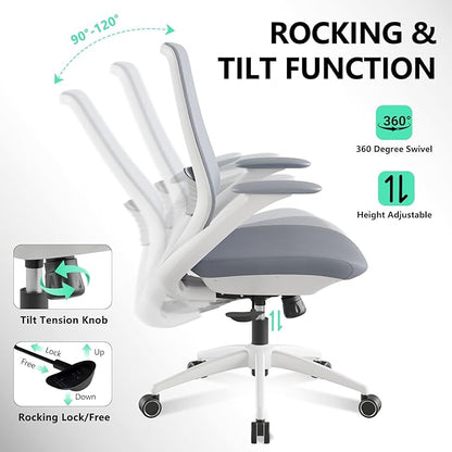 Ergonomic Office Chair, High Back Mesh Desk Chair with Lumbar Support, 360° Swivel & Slide-Adjustable Arms, Tilt Lock and Recline, Breathable Task Chair for Home Office & Gaming (Grey)