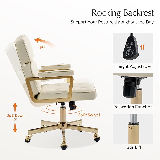 HULALA HOME Faux Leather Office Desk Chair with Golden Metal Legs, Comfy Upholstered Computer Chair with Tufted Backrest & Thick-Cushion Padded Armrest, Height Adjustable and 360°Swivel, Ivory
