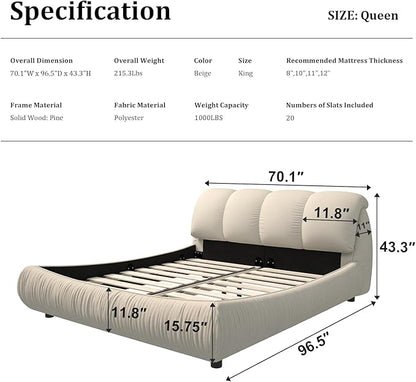 Queen Size Upholstered Platform Bed with Oversized Padded Backrest and Solid Wood Frame for Bedroom, Apartment Room (Beige, Queen (U.S. Standard))