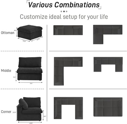 Cloud Modular Sectional Sofa for Livingroom,Large Down Filled Comfort Corner Sectional Sofa Couch Wide Deep Seat Convertible Couches for Office Apartment,V Shaped,Black