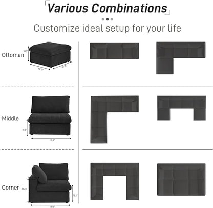 Cloud Couch Modular Sectional Sofa with Storage Ottoman,L Shaped Couch for Living Room,80.3" inch Down Filled 3 Seater Convertible Sectional Sofas for Office Apartment (Black)