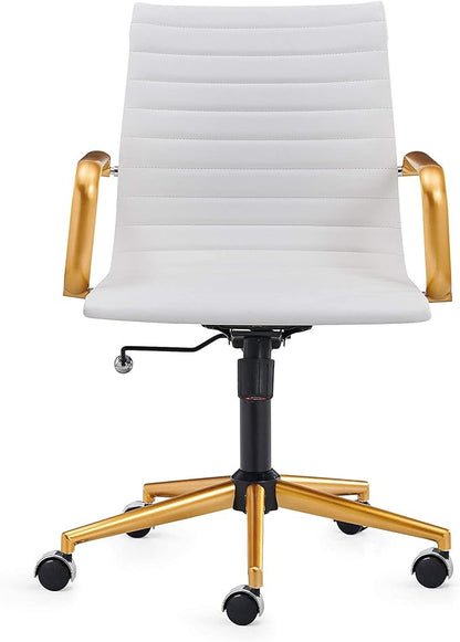 COROCC Office Desk Chair Modern Conference Room Task Chairs Leather Computer Swivel Excutive Ribbed Ergonomic Rolling Chair for Bed Room White and Gold Chair