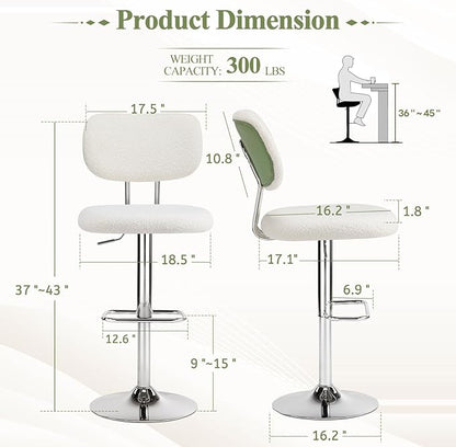 Furniliving Adjustable Bar Stools Set of 4, Modern Teddy Velvet Swivel Barstools with Curved Back, Stylish Armless Counter Height Bar Stools Bar Chairs for Kitchen Island, Bar, Green