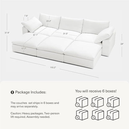 Modular Sectional Sofa, 110.2" U Shaped Modern Sofa Modular Sectional Cloud Couch with Ottoman, Modern Cloud Sectional Couches for Living Room, Deep Seat Sofa with Washable Cover