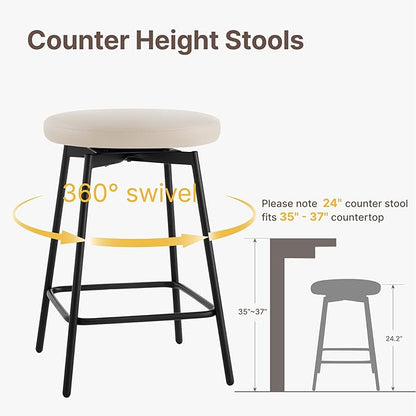 Swivel Bar Stools Set of 6, 24" Counter Height Bar Stool, Backless Barstools with Faux Leather Upholstered Seat&Sturdy Wood Legs for Kitchen Island, Beige