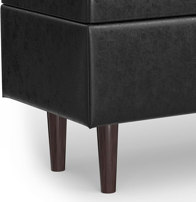 SIMPLIHOME Shay 48 inch Wide Mid Century Modern Rectangular Storage Ottoman in Distressed Black Vegan Faux Leather, Assembled, for The Living Room, Entryway and Family Room