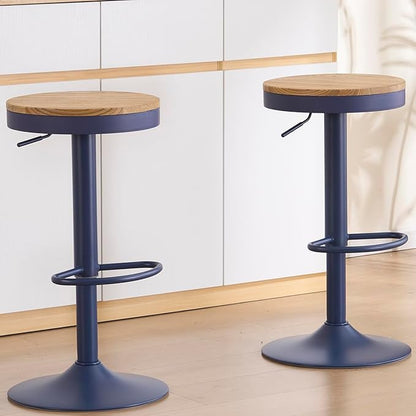Kidol & Shellder Bar Stools Set of 4 Round Adjustable Swivel Barstools Modern Backless Bar Chairs Wooden Seat Counter Height Stools Armless for Kitchen Island, Cafe, Dining Room Blue