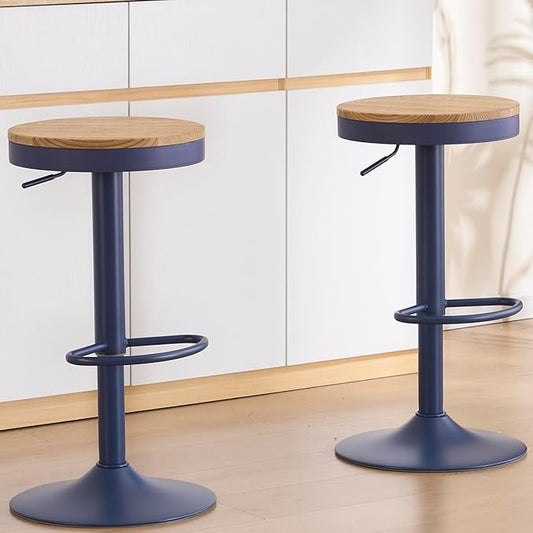 Kidol & Shellder Bar Stools Set of 4 Round Adjustable Swivel Barstools Modern Backless Bar Chairs Wooden Seat Counter Height Stools Armless for Kitchen Island, Cafe, Dining Room Blue