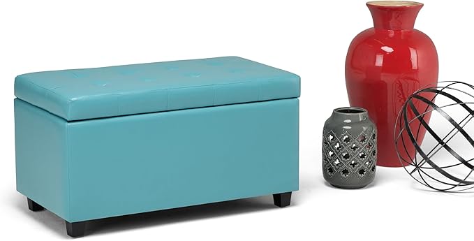 SIMPLIHOME Cosmopolitan 34 inch Wide Transitional Rectangle Storage Ottoman in Soft Blue Vegan Faux Leather, Assembled, For the Living Room, Entryway and Family Room
