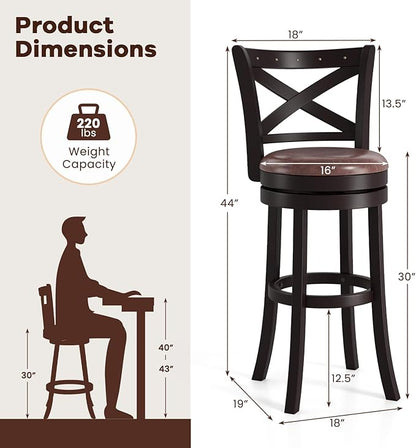 COSTWAY Bar Stools Set of 2, 30" Swivel Bar Height Bar Chairs with Copper Nails, Upholstered Seat, X-Shaped Backrest, Solid Rubber Wood Frame, for Kitchen Island Pub Bar