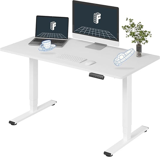 FLEXISPOT E6 3 Stages Dual Motor Electric Standing Desk 55x28 Inch Whole-Piece Board Height Adjustable Electric Sit Stand Desk(White Frame + White Desktop, 2 Packages)