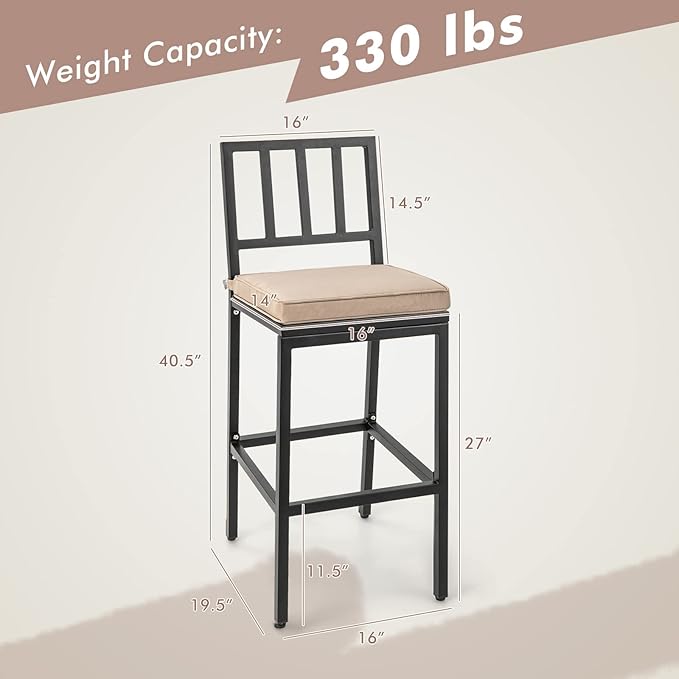 COSTWAY 2 PCS Patio Bar Chairs, Heavy-Duty Metal Frame Bar Stools Set of 2, Indoor Outdoor All-Weather Resistant Barstools with Detachable Cushion & Footrest, for Patio, Garden, Poolside