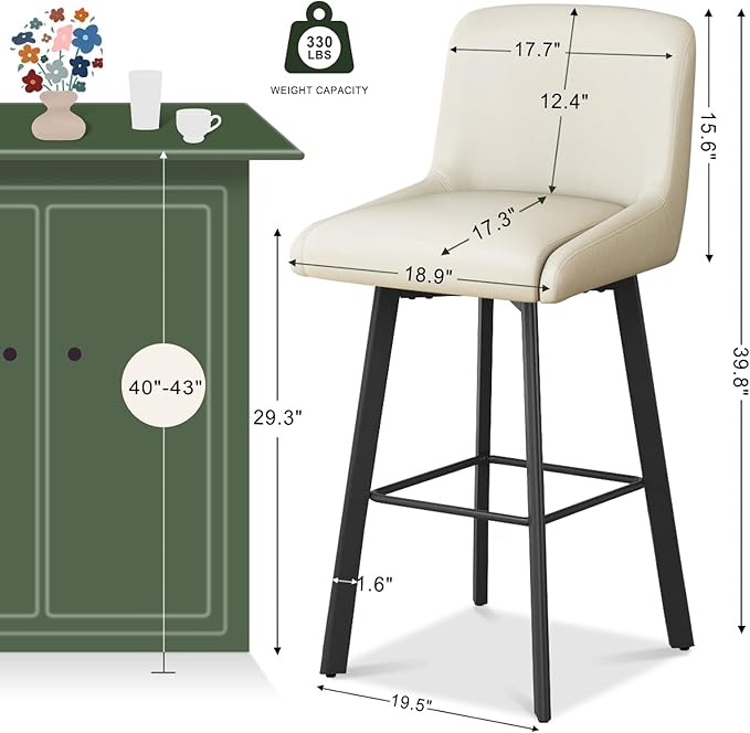 Swivel Bar Stools, 30''H Upholstered Barstools with Backs, Modern Counter Height Bar Stool Chairs for Kitchen Island, Metal Legs (Beige- Faux Leather, Set of 4-30" H)