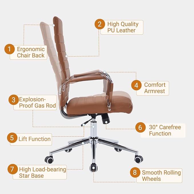 Sidanli Office Desk Chairs with Wheels, Executive Swivel Rolling Faux Leather Computer Chair with Comfortable Lumbar Support for Home Office(High Back, Brown)