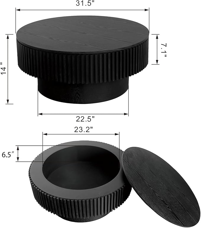 31.5'' Round Coffee Table for Living Room, Fluted Coffee Table with Hidden Storage, Solid Wood Veneered Circle Table, Modern Tea Table for Small Space Apartment (Black)