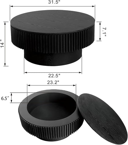 31.5'' Round Coffee Table for Living Room, Fluted Coffee Table with Hidden Storage, Solid Wood Veneered Circle Table, Modern Tea Table for Small Space Apartment (Black)