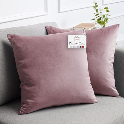 lalaLOOM Velvet Throw Pillow Covers, Set of 2, 24x24 Decorative Square Pillows Home Decor, Soft Accent Cases, Silky Machine Washable Pillowcases for Sofa, Couch, Bedroom, Living Room, Dusty Rose
