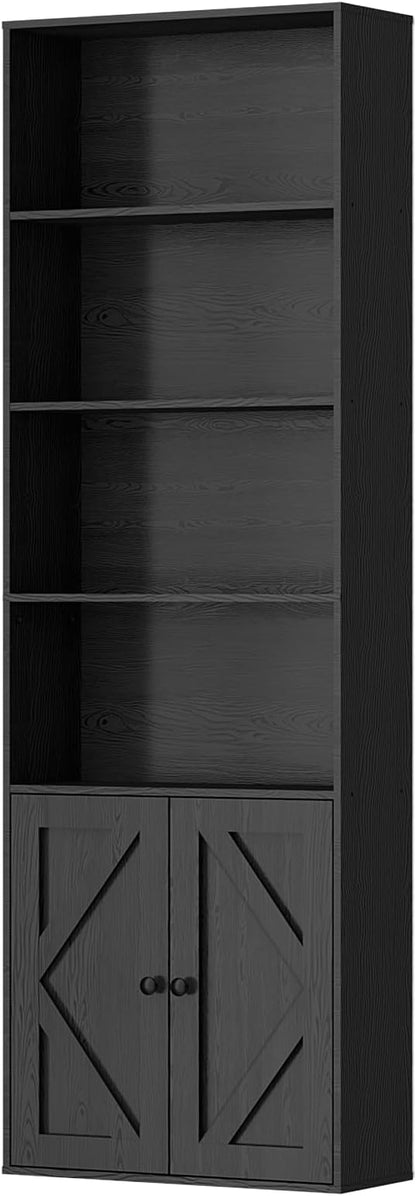 Bookshelf, 6-Tier Floor Bookcase with 2 Bottom Doors, 9.29"x23.62"x70.86", Storage Cabinet Bookshelves for Home Office, Living Room, Bedroom-Black