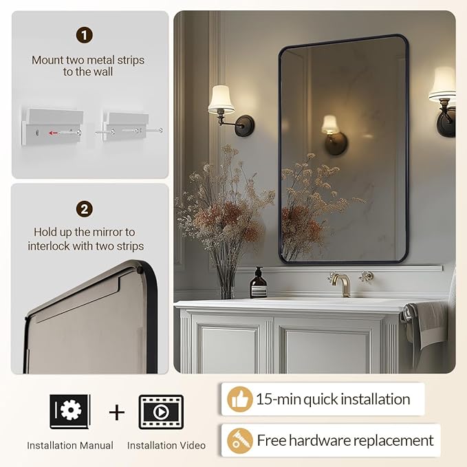 ANDY STAR Black Bathroom Wall Mirror, 24x40 Inch Rounded Rectangle Mirror for Bathroom, Modern Tube Matte Black Framed Rectangular Mirrors for Vanity, Explosion-Proof Film, Horizontal/Vertical