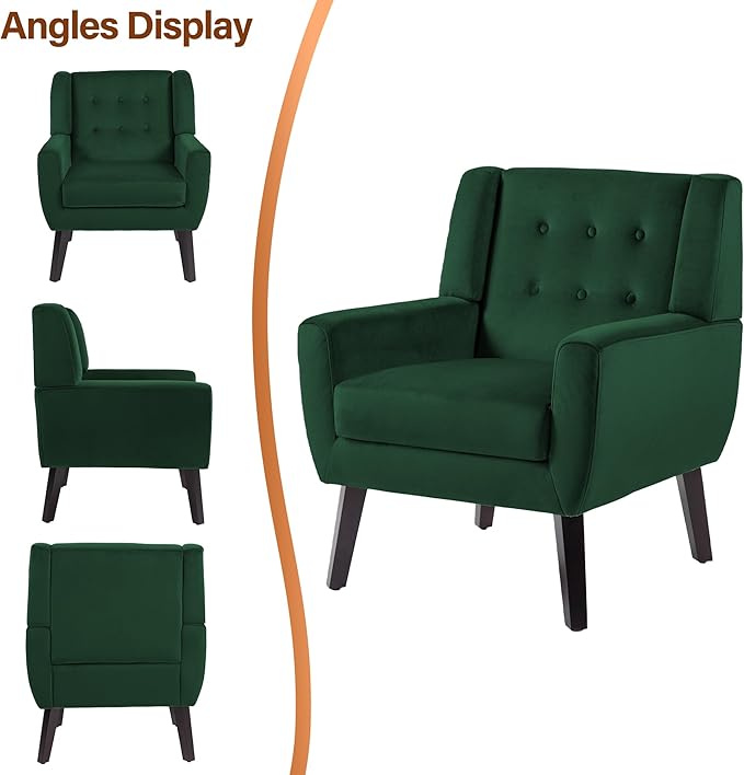 Lumibee Accent Chair, Modern Velevet Armchair for Living Room, Comfy Upholstered Arm Chair Tufted for Indoor Bedroom Office Room (Retro Green Velvet)