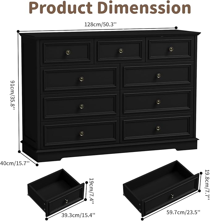 Dresser for Bedroom, 51" Wide Wood 9 Drawers Dresser with Storage, Retro Design Chest of Drawers for Bedroom, Living Room, Dressing Room, Hallway, Black