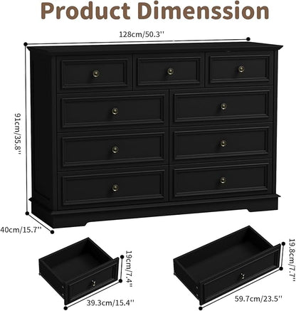 Dresser for Bedroom, 51" Wide Wood 9 Drawers Dresser with Storage, Retro Design Chest of Drawers for Bedroom, Living Room, Dressing Room, Hallway, Black