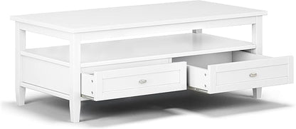 SIMPLIHOME Warm Shaker Coffee Table - 48 inch Wide Solid Wood Cocktail Table in White, Transitional Living Room Table with 2 Storage Drawers and Open Shelf for Sitting Area or Lounge