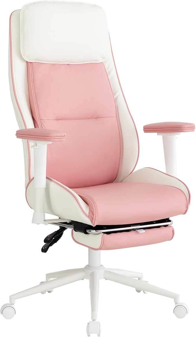 Ergonomic Home Office Chair with Footrest,Modern Faux Leather Reclining Chair,High Back Video Game Executive Computer Chairs with Adjustable Armrest & Lumbar Support,360°Swivel (Pink)