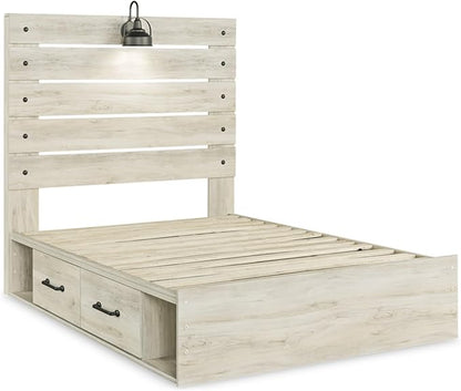 Signature Design by Ashley Cambeck Farmhouse Full Panel Platform Bed with 4 Storage Drawers, Sconce Light and USB Ports, Foundation or Box Spring Not Needed, Whitewash