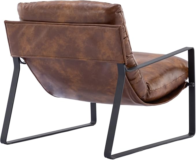 Mid-Century Accent Chair Set of 2, Comfy PU Leather Side Chair with Armrest, Upholstered Leisure Chair with Black Metal Frame for Living Room Bedroom Reception Room, Brown