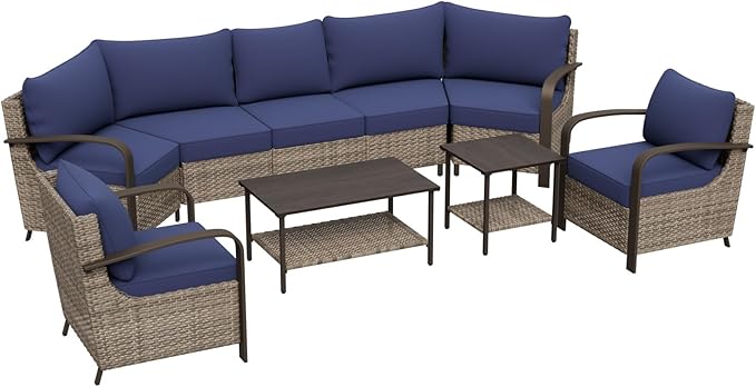 COOS BAY Aurora Terrace Half-Moon Outdoor Furniture Set, Rattan Conversation Set with Patio Chairs, Curved 5-Seat Sofa, Coffee Table & Side Table, Seats 7, Beige/Blue
