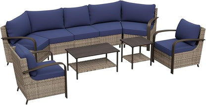 COOS BAY Aurora Terrace Half-Moon Outdoor Furniture Set, Rattan Conversation Set with Patio Chairs, Curved 5-Seat Sofa, Coffee Table & Side Table, Seats 7, Beige/Blue