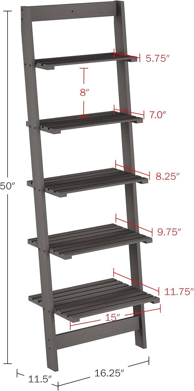 5-Tier Ladder Shelf - 50-Inch Narrow Leaning Bookshelf - Wooden Bookcase for Living Room, Bathroom, Kitchen, Office, or Bedroom Furniture by Lavish Home (Gray)