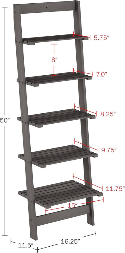 5-Tier Ladder Shelf - 50-Inch Narrow Leaning Bookshelf - Wooden Bookcase for Living Room, Bathroom, Kitchen, Office, or Bedroom Furniture by Lavish Home (Gray)