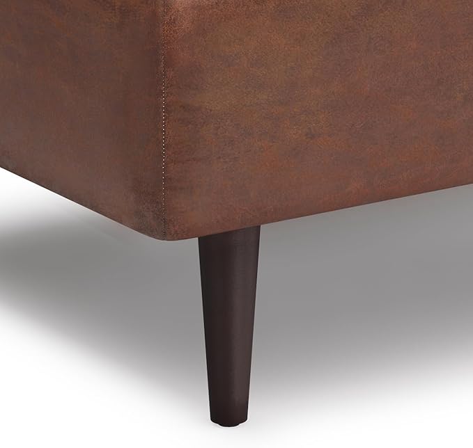 SIMPLIHOME Shay 34 inch Wide Mid Century Modern Small Rectangle Coffee Table Storage Ottoman in Distressed Saddle Brown Vegan Faux Leather, Assembled, For the Living Room, Entryway and Family Room