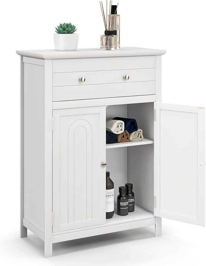 LOKO Bathroom Floor Cabinet, Kitchen Storage Cabinet with 1 Drawer, 2 Doors & 3-Position Adjustable Shelf, 2-Door Floor Storage Cabinet for Bathroom, Living Room, Entryway (White)