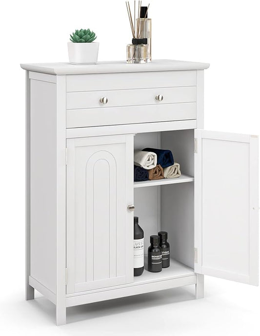 LOKO Bathroom Floor Cabinet, Kitchen Storage Cabinet with 1 Drawer, 2 Doors & 3-Position Adjustable Shelf, 2-Door Floor Storage Cabinet for Bathroom, Living Room, Entryway (White)