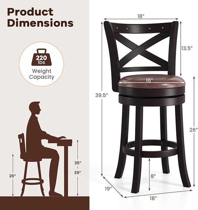 COSTWAY Bar Stools Set of 2, 26" Swivel Counter Height Bar Chairs with Copper Nails, Upholstered Seat, X-Shaped Backrest, Solid Rubber Wood Frame, for Kitchen Island Pub Bar