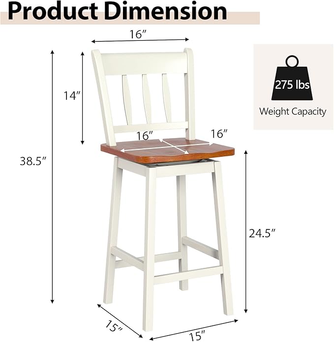 COSTWAY Bar Stools Set of 2, 24.5 Inch Rubber Wood Bar Chairs with 360°Swiveling, Footrest, Swivel Counter Height Barstools Ideal for Kitchen Island, Counter, Pub or Bar (2, White)