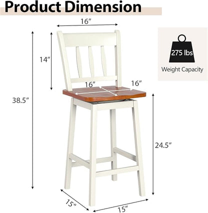 COSTWAY Bar Stools Set of 2, 24.5 Inch Rubber Wood Bar Chairs with 360°Swiveling, Footrest, Swivel Counter Height Barstools Ideal for Kitchen Island, Counter, Pub or Bar (2, White)