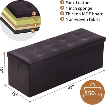 YOUDENOVA 43 Inches Folding Storage Ottoman Bench, Ottoman for Bedroom Living Room and Hallway, 120L Chest Footrest Seat with Divider, Brown